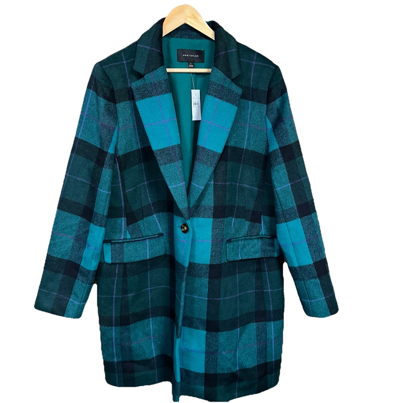 New Ann Taylor Green Tartan Plaid Wool Blend Chesterfield Coat Women's Xl $258